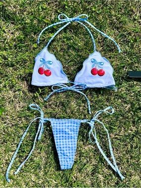 Fashion Nova Blue Gingham & White Cherry Triangle Bikini